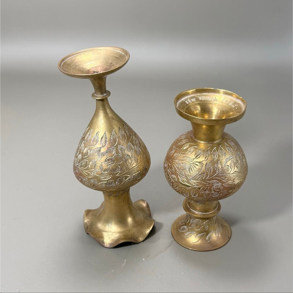 Two Small Vintage Indian brass vases featuring floral etching. Handmade in India